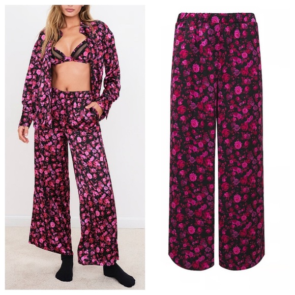 For Love And Lemons Other - New! For Love & Lemons Lola long pajama pants black and pink floral 22748